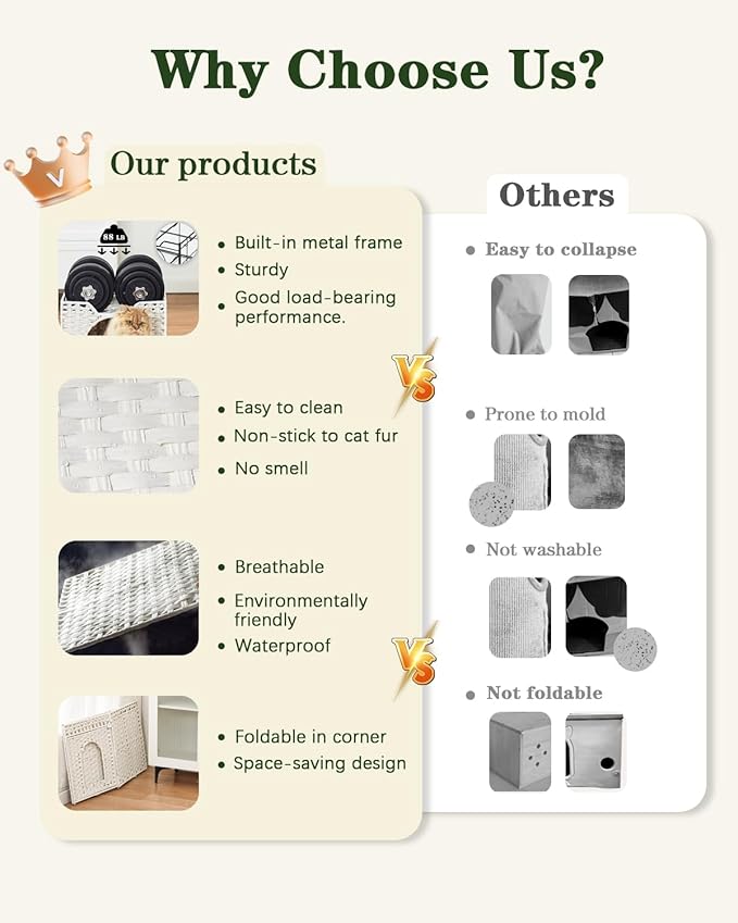 Cat Beds Indoor Kitten House, Handwoven Rattan Cat Cave Pet Cube, Large Cat Houses, One Bed Mat, Foldable, Hideaway, 16.5x16.5x13.2 Inches, 2 S-Shaped Hooks in Living Room Bedroom White-PawvioPets