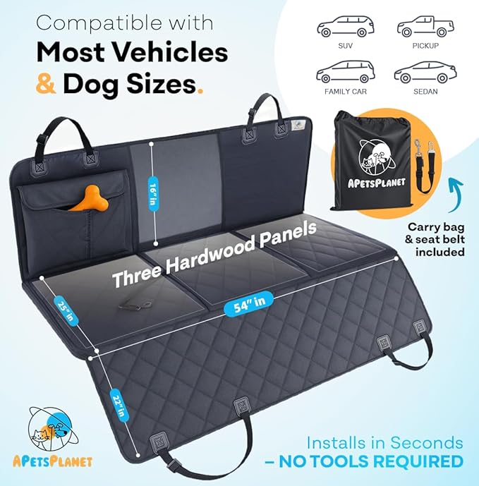 APetsPlanet Dog Car Seat Cover for Back Seat Hard Bottom - Waterproof Backseat Extender for Dogs - Pet Hammock for Car, Truck, SUV - Protector Bed with Mesh Window & Storage - Black, No Door Covers-PawvioPets