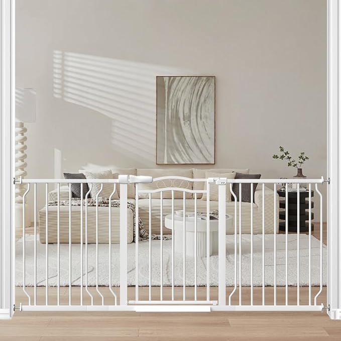 Extra Wide Dog Gate for Doorways 62.6-72 in, Walk Through Long Baby Gates for Large Openings, No Drill Child Safety Gate for Pets Kids Toddler, Doggy Barrier Indoor Metal, 30" Tall White-PawvioPets