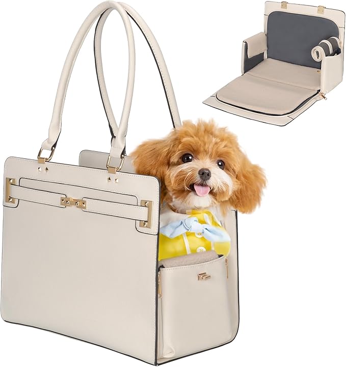 2-in-1 Stylish Dog Purse Carrier Soft-Sided Carriers Travel Tote Bag for Small Dogs Cats, Fashion Foldable Pet Bag for Puppies Small Animals with Pockets (White, 15" L x 7.5" W x 12.2" H)-PawvioPets