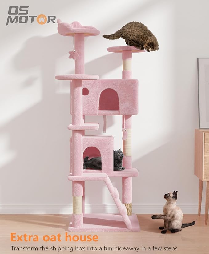 60'' Cat Tree Tower for Indoor Cats Large Adult,Cute/Tall Modern Cat Tree for Big Cats 20 lbs, Plush Multi-Level Cat Condo with Scratching Posts,Dangling for Fun Play (Soft Pink, 60 inch)-PawvioPets