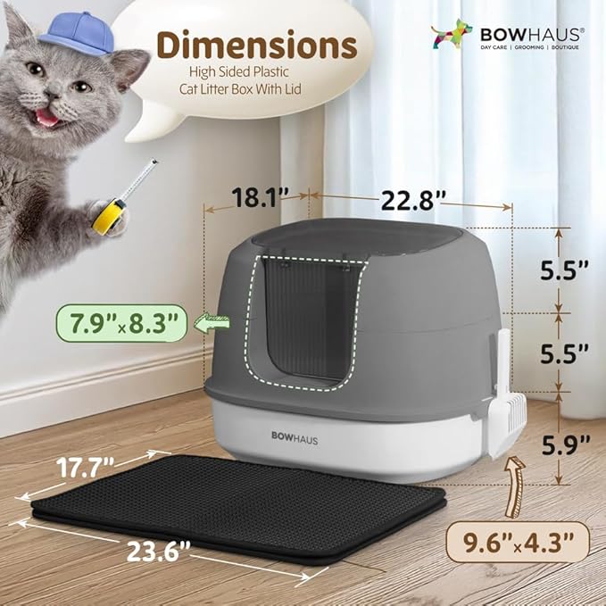 Detachable Cat Litter Box with Lid, 3-in-1 Cat Toilet of Cats, Large Space Anti-Leakage Cat Litter Box with Scoop, Cat Mat & Odor Fitter, Dark Grey-PawvioPets