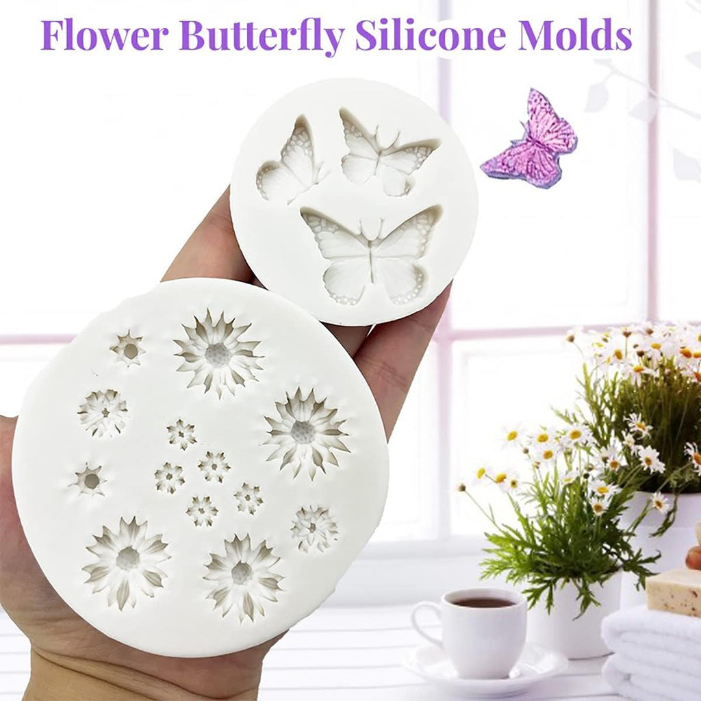 Flower Silicone Fondant Molds, 5pcs Butterfly Daisy Rose Chrysanthemum Flower Silicone Mould Candy Chocolate Molds for DIY Cake Cookie Pudding Gum Paste Cupcake Cake Topper Decoration Desserts Sugar