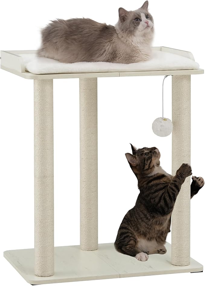 FourFurPets 26.7in Large Cat Tree Tower Condo, Cat Scratch Posts for Indoor Cats, Big Plate, Three 23.6in Full Sisal Scratching Posts, White-PawvioPets