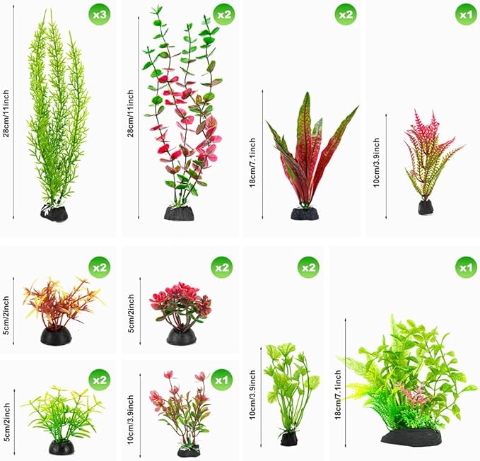 18-Piece Artificial Aquarium Plants Decorations – Large Set with Red & Green Foliage, Fish Tank Decor for Betta, Goldfish, Freshwater & Saltwater Tanks, Weighted Bases-PawvioPets