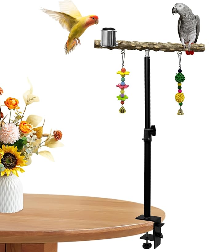 18-27 Inch Height Adjustable Bird Perch Pepper Wood Desktop Bird Training Perch Stand with Feeding Cups and Swing Toy Parakeet Perches Indoor and Outdoor Parrot Stand for Small to Medium Birds-PawvioPets