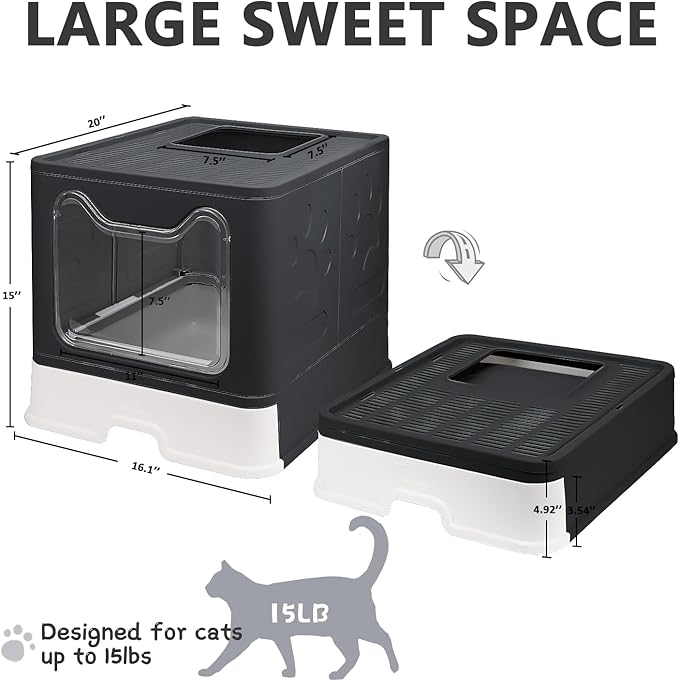 Foldable Cat Litter Box with Lid, Enclosed Potty, Large Top Entry Anti-Splashing Toilet, Easy to Clean Including Litter Scoop and 2-in-1 Cleaning Brush (Black)-PawvioPets