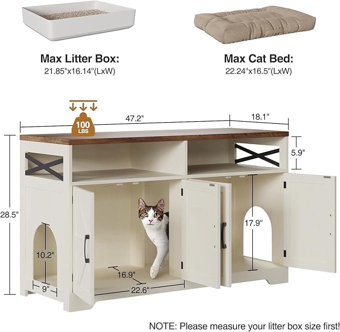 Cat Litter Box Enclosure for 2 Cats, 47" Hidden Litter Box Furniture Cat Washroom with Double Large Room, Farmhouse Indoor Litter Box Cabinet TV Stand, White-PawvioPets