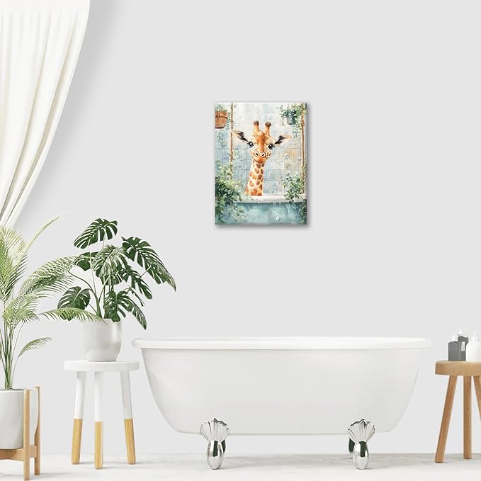 Bathroom Funny Giraffe Pictures Wall Art, Watercolor Giraffe Bathroom Wall Decor, Animal Framed Painting Canvas Artwork for Living Room Decorations 16"L x 12"W-PawvioPets