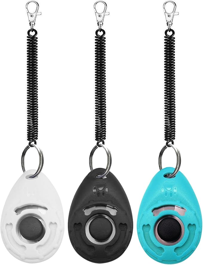 Dog Training Clicker with Wrist Strap Durable Lightweight Easy to Use,Pet Training Clicker for Cats Puppy Birds Horses,Perfect for Behavioral Training 3-Pack (Black,White and Water Lake Blue) (3)-PawvioPets
