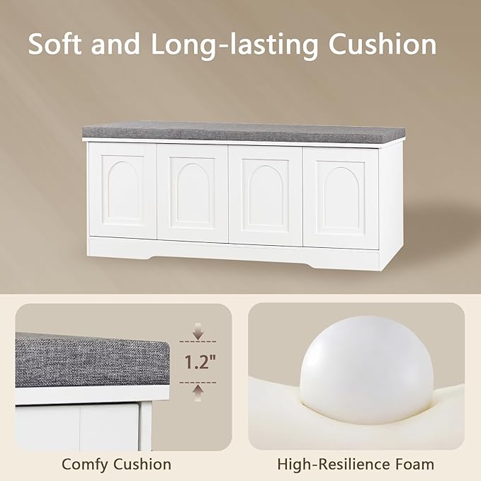 DINZI LVJ Shoe Bench, Entryway Storage Bench with Doors, Cushion, 2-Tier Shoe Rack with 8-Cubby, 47.2”L x 13.8”W Shoe Organizer Cabinet, Adjustable Shelf, Living Room, Bedroom, White-PawvioPets