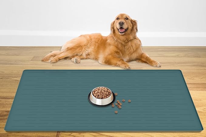 48" x 32" Largest Pet Food Mat, XXXL Silicone Dog Mats for Food and Water, Nonslip Pet Feeding Mats for Floors,Dog Cat Bowl Mat with Raised Edges, Dark Green-PawvioPets