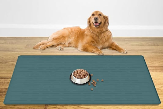 48" x 32" Largest Pet Food Mat, XXXL Silicone Dog Mats for Food and Water, Nonslip Pet Feeding Mats for Floors,Dog Cat Bowl Mat with Raised Edges, Dark Green-PawvioPets