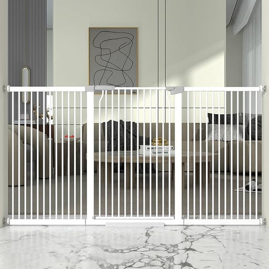 41" Extra Tall and Wide Baby Gate, 74.2-76.7'' Wide Pet Cat Gate for Doorway, Extra Wide Pressure Mounted Child Door with Expansion Kit, Metal Safe Gate, Tall Dog Gate, White-PawvioPets