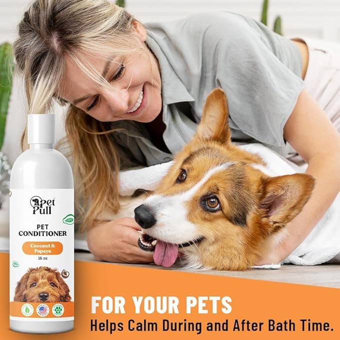 Dog Conditioner Puppy Essentials - Moisturizing Conditioner for Dogs with Coconut and Papaya Scent - Plant Based Dog Bath Supplies Detangle and Revive Pet's Coat - Made in USA (16 Oz)-PawvioPets