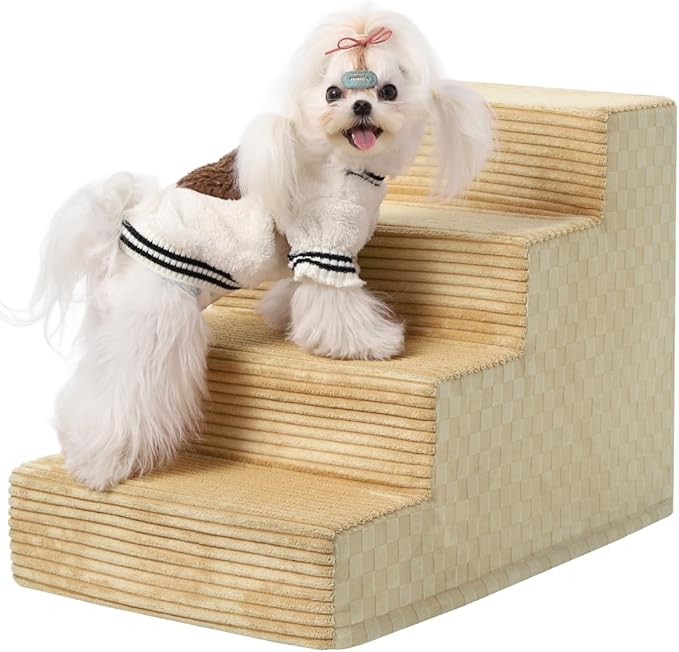 Dog Stairs for Small Dogs,17.5" H,4-Step Dog Steps for Bed and Couch with High Density Foam,Non-Slip Pet Steps for Doggy and Cat,Pet Stairs with a Washable Cover,Khaki-PawvioPets