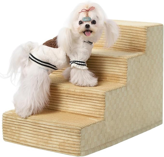 Dog Stairs for Small Dogs,17.5" H,4-Step Dog Steps for Bed and Couch with High Density Foam,Non-Slip Pet Steps for Doggy and Cat,Pet Stairs with a Washable Cover,Khaki-PawvioPets