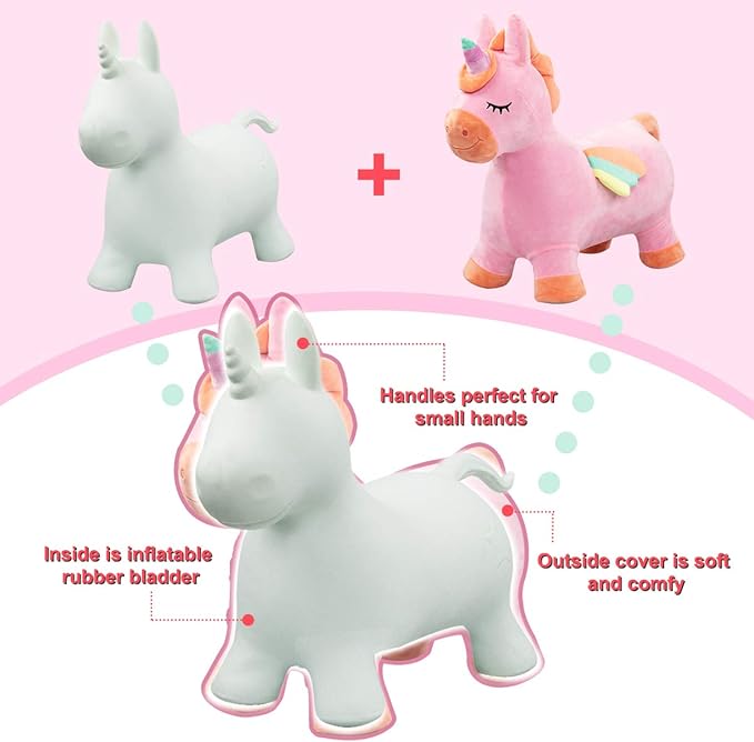 EVERICH TOY Bouncy Horse Unicorn Toys, Inflatable Bouncing Animal Hopping Toys, Outdoor Indoor Ride on Bouncer, Boys Girls Birthday Gift for 18 Month 2 3 4 5 6 Year Old Kid- Plush Unicorn Toy-PawvioPets