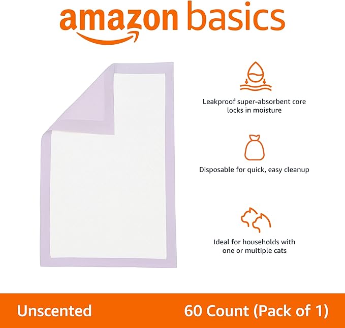 Amazon Basics Cat Pee Pads, 60 Count, Universal Fit for Litter Box, Odor Control, Unscented, White/Purple-PawvioPets