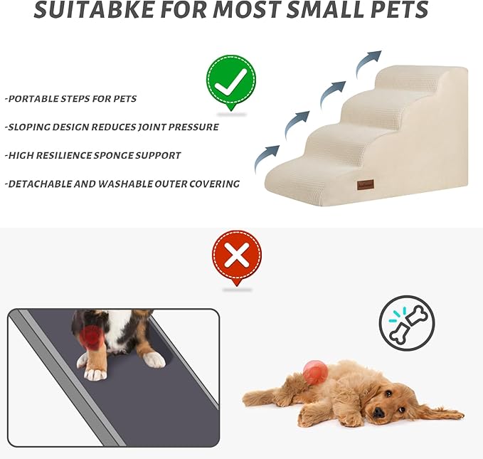 4-Step Dog Stairs and Ramp for Beds or Couches,Non-Slip Sturdy Pet Steps for Small Dogs and Cats,17.4" H,Beige-PawvioPets