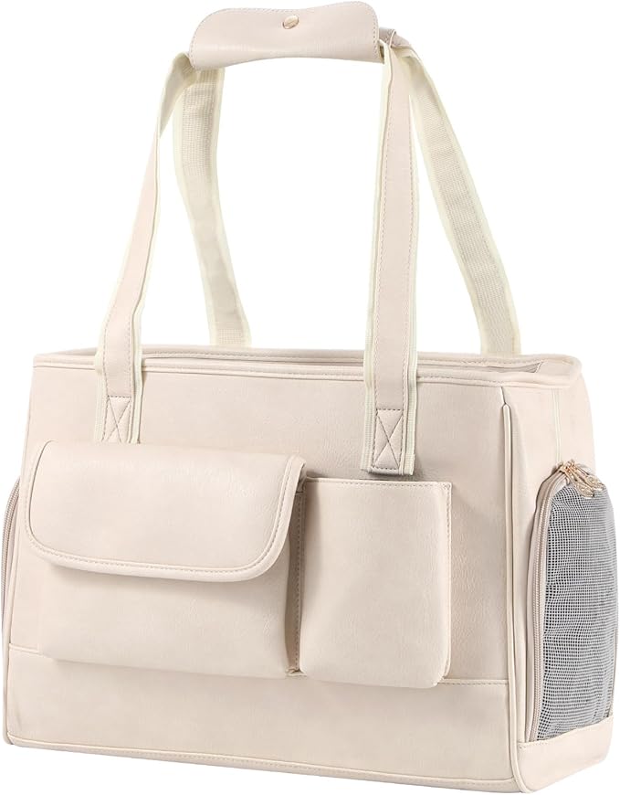 Dog Carrier Purse, Fashion Leather Pet Carrier Bag, Airline Approved Soft Sided Cat Travel Tote Bag with Pockets White-PawvioPets