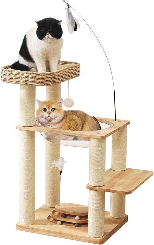 34 Inch Solid Wood Cat Tree Tower with Space Capsule, Hand-Woven Basket Nest, Feather Toy, Hanging Balls, Sisal Posts, 4-Tier Indoor Climbing Cat Tower for Kittens-PawvioPets