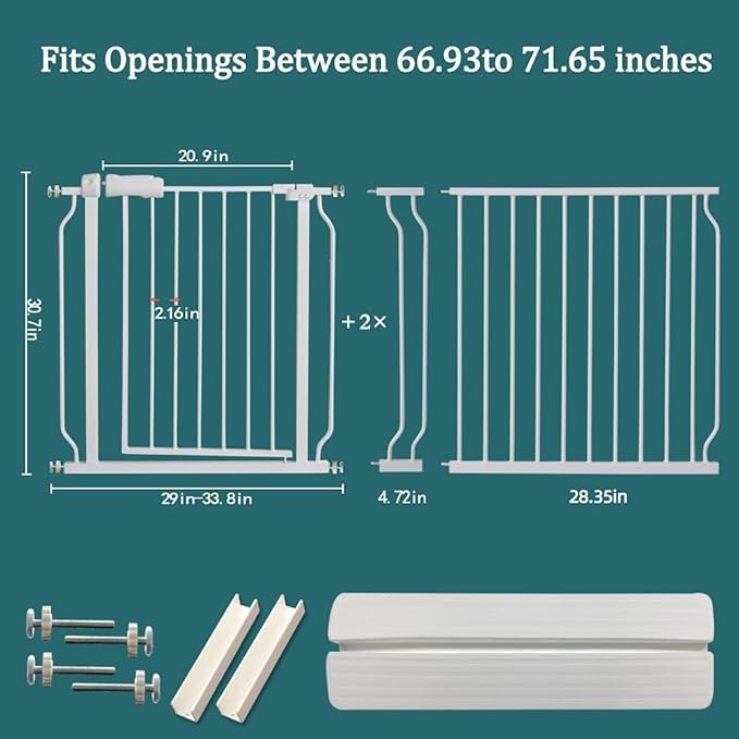 ALLAIBB Extra Wide Pressure Mounted Baby Gate Walk Through Child Kids Safety Toddler Tension White Long Large Pet Dog Gates with Extension for doorways Kitchen (66.93"-71.65"/170-182cm)-PawvioPets