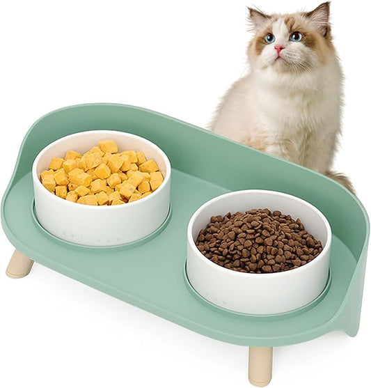 Elevated Dog Bowls Set, Ceramic Pet Food & Water Bowls with Non-Slip Stand, No Spill Design for Cats/Small Medium Dogs Green-PawvioPets