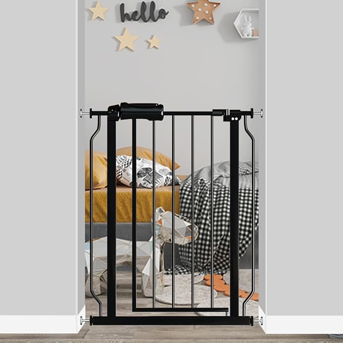 Narrow Baby Gate for Doorways Stairs, 24-29" Wide Pressure Mounted Walk Through Metal Auto Close Safety Child Gatesfor Kids or Pets, Black-PawvioPets