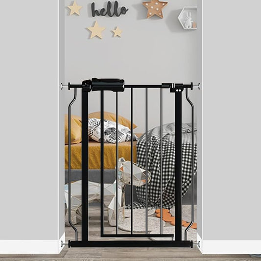 Narrow Baby Gate for Doorways Stairs, 24-29" Wide Pressure Mounted Walk Through Metal Auto Close Safety Child Gatesfor Kids or Pets, Black-PawvioPets