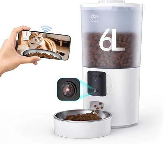 Automatic Cat Feeder with 1080P Camera, Two-Way Audio, APP Timed Auto Control Meals, 6L Dry Food Dispenser, 2.4G / 5G WiFi-PawvioPets