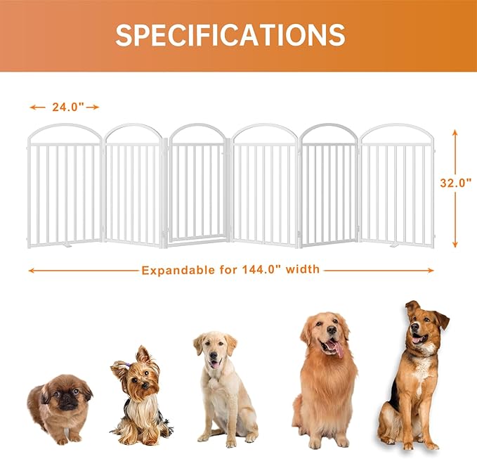 6 Panles Full Matel Freestanding Dog Gates with Door, 144"Extra Wide 32"Tall Free Standing Dog Pet Gate for Indoor & Outdoor. Foldable Pet Fences for Doorways, House, Stairs, Porch, Deck, Yard-PawvioPets