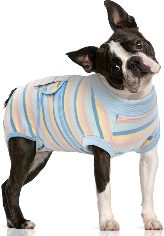 FUAMEY Recovery Suit for Dogs After Surgery,Soft Breathable Dog Bodysuit E-Collar & Cone Alternative Surgical Suit,Male Female Dog Neuter Spay Suits Anti Licking Wounds Onesie Blue Yellow Stripes M-PawvioPets