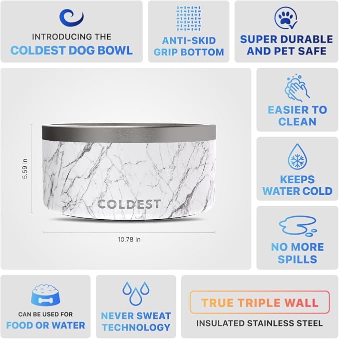 Coldest Dog Bowl - Anti Rust Metal, Non Slip, 3 Layers Insulated Stainless Steel Dog Bowls - Spill Proof & Heavy Duty - Water Bowl for Dogs, Cats & Pets, Dish Washer Safe (200 oz, Carrara Marble)-PawvioPets