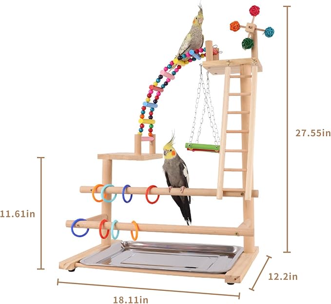 Bird Playground, Perch Stand Parrot Playstand Play Gym with 2 Perches Stand Windmill Toys, Playpen for Parakeet Conure Cockatiel Lovebird Budgie Caique, Exercise Playgym with feeding Cups-PawvioPets