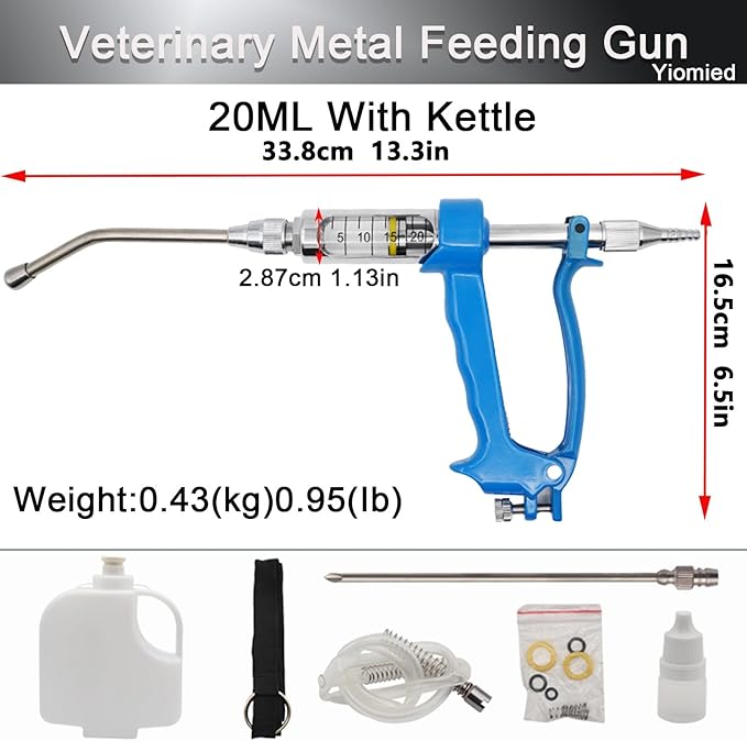 20ML Veterinary Metal Feeding Gun, Continuous Drench Gun Dosing Device Veterinary Adjustable Medicine Dispenser Husbandry Autonomous Feeding Tool, for Pig Cow, Sheep, Horse (Blue, 20ML+Kettle)-PawvioPets