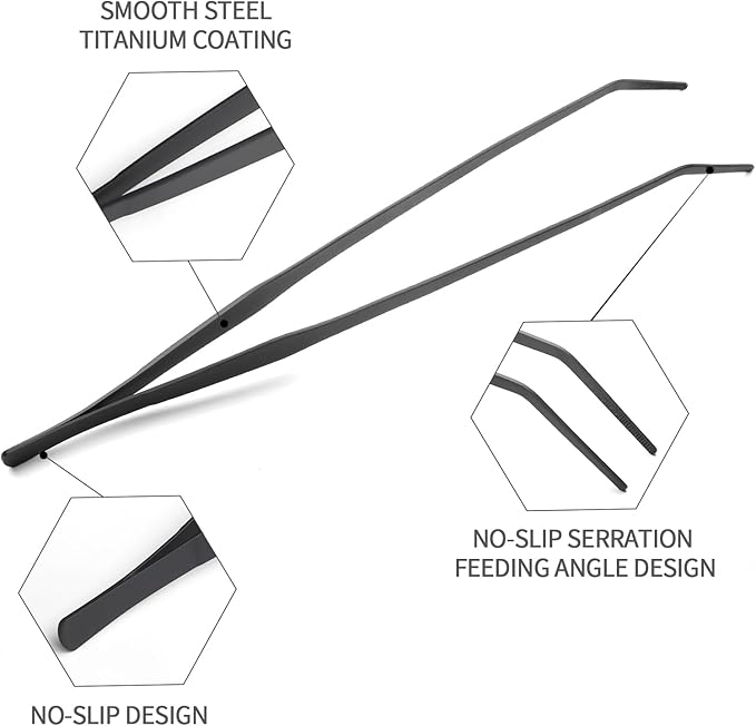 Aquarium Tweezers Extra Long 15 inches Feed Tong Clamps - FEITA Straight and Curved Stainless Steel 38cm Tweezers Set for Fish Tank Plants Aquascape Tools & Reptile Feeding Tongs - Black 2Pcs-PawvioPets