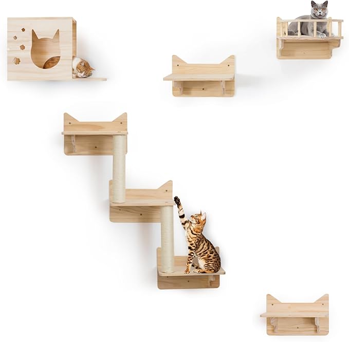 9-Piece Wall-Mounted Cat Shelves Set, House, Lookout Tower, 2 Sisal Scratching Posts, 5-Step Cat Wall Ladder, Pine Furniture, Extra-Wide & Long for Large Cats, Space-Saving Indoor Shelves-PawvioPets