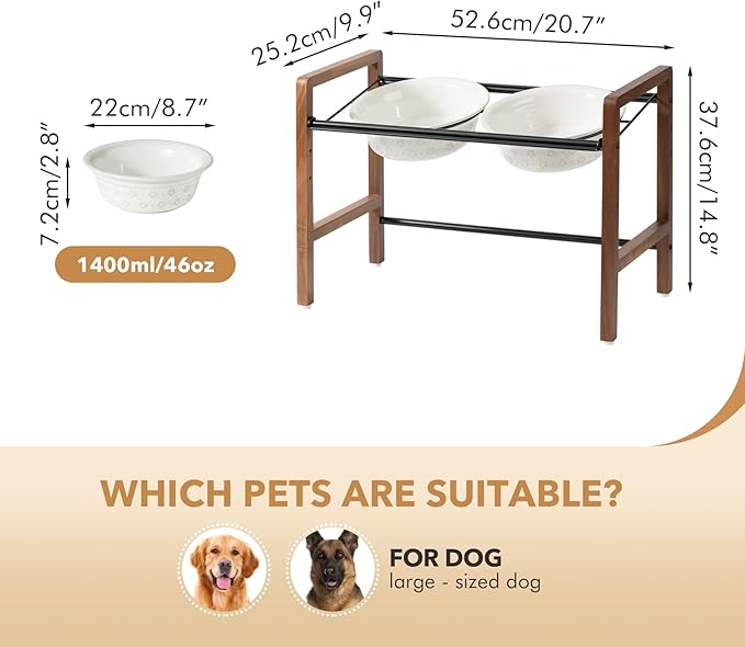 8.7inch Ceramic Adjustable Raised Double Bowls Set with Stand, 3 Heights Elevated, 2 Placement Options, Food and Water Dishes for Large Dog(Double Bowls+Stand, Reactived Glaze -White)-PawvioPets