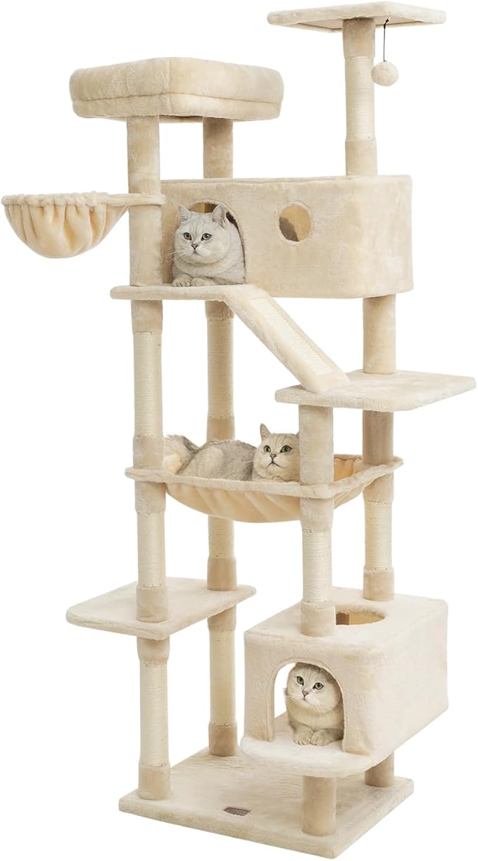 73 inches Large Cat Tree for Indoor Cats, Tall Cat Tower with Sisal Scratching Posts and Pads, Padded Plush Perch, Cozy Basket, Plush Condo for Large Cats (Beige)-PawvioPets