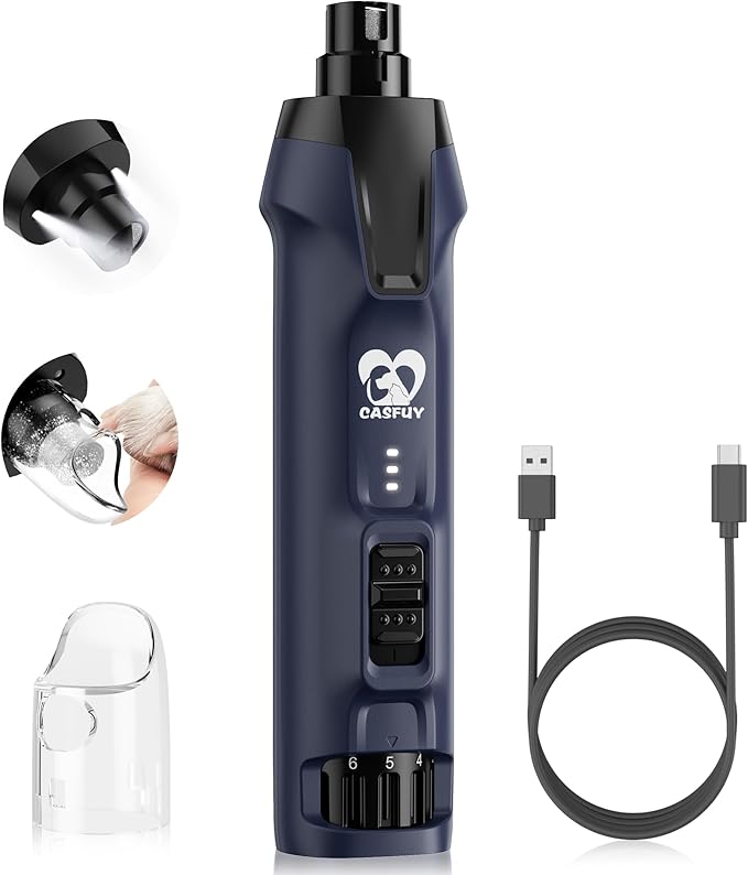 Casfuy 6-Speed Dog Nail Grinder – 50%+ Boost Power Dog Nail Trimmers Quiet with Dust Cap & 2 LED Lights & 2000mAh Battery & 4.8V Motor Electric Pet Toenail File Tool for Large Medium Small Dogs Cats-PawvioPets