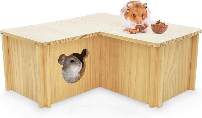 Fhiny Wooden Hamster House, Multi-Chamber Hamster Hideout & Tunnel Detachable Activity Room Exploring Toys Rats Habitat Decor for Dwarf Hamsters Gerbils Mice Lemmings (Small)-PawvioPets