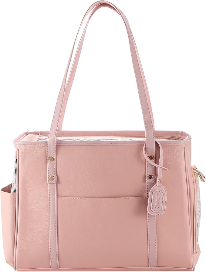Fashion Dog Carrier Purse, Premium Leather Cat Carrier Bag, Airline Approved Soft Sided Pet Travel Tote Bag with Pockets Pink-PawvioPets