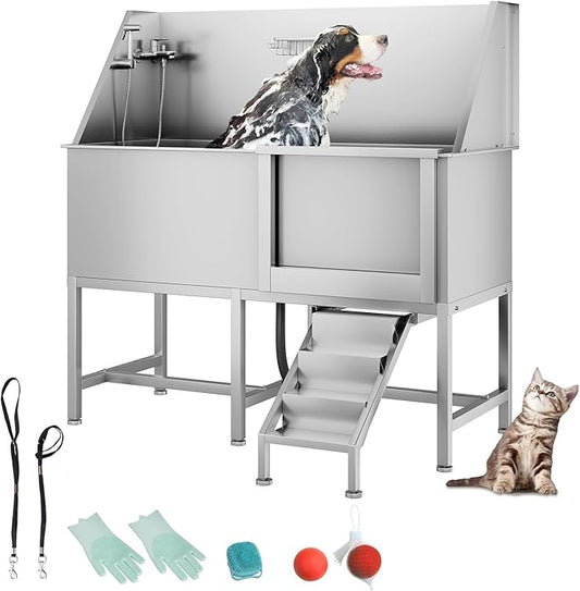62" Professional Stainless Steel Dog Bathing Station, Large Dog Washing Station W/Dog Bath Brush, Washing Gloves, Floor Grate, Dog and Cat Bath Tub, Dog Washing Sink (62 Inch Right Door)-PawvioPets
