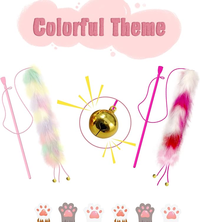2 Pack Cat Wand Toy, Rainbow Cat Feather Toys with Bells, Teaser Wand with Soft Furry Tail, Interactive Toys for Indoor Cats & Kitten & Kitty-PawvioPets
