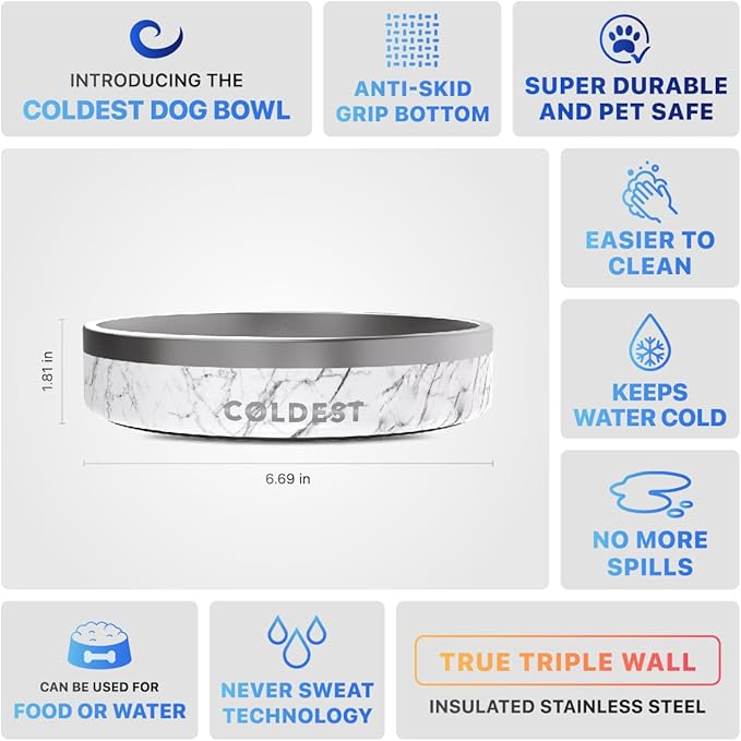 Coldest Dog Bowl - Anti Rust Metal, Non Slip, 3 Layers Insulated Stainless Steel Dog Bowls - Spill Proof & Heavy Duty - Water Bowl for Dogs, Cats & Pets, Dish Washer Safe (21 oz, Carrara Marble)-PawvioPets
