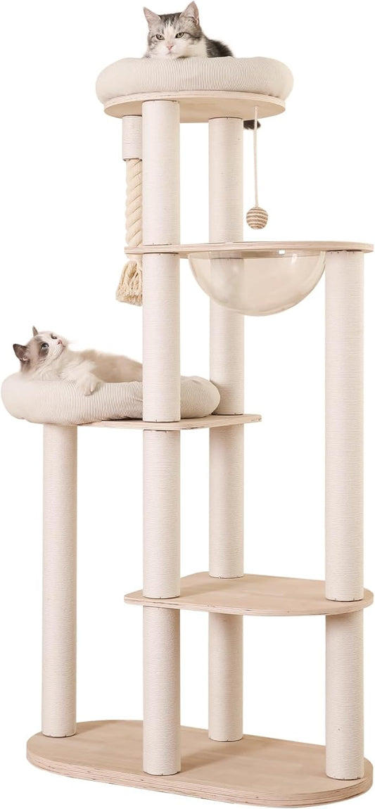 59" Modern Cat Tree Multi-Level Large Cat Tower Heavy Duty Cat Tree with Hammock,Cotton Scratching Post and Washable Cushions-PawvioPets