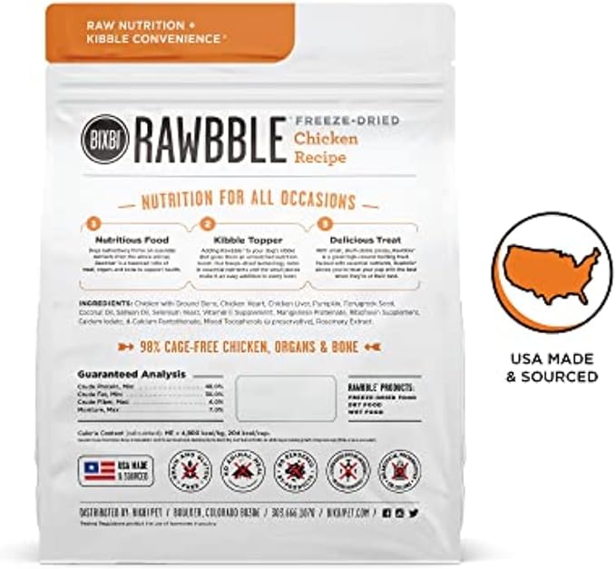 BIXBI Rawbble Freeze Dried Dog Food, Chicken Recipe, 12 oz - 98% Meat and Organs, No Fillers - Pantry-Friendly Raw Dog Food for Meal, Treat or Food Topper - USA Made in Small Batches-PawvioPets
