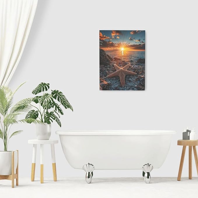 Beach Starfish Wall Decor Ocean Starfish Wall Art Sunset Scenery Coastal Theme Pictures Canvas Nature Seascape Painting Print Framed Artwork Decorations for Home Bathroom Living Room Bedroom Office 12"x16"-PawvioPets