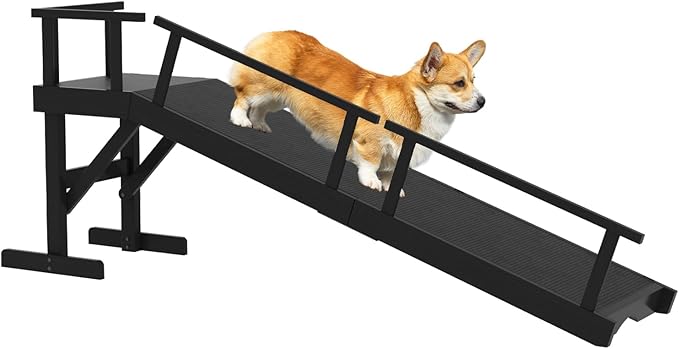 61" Dog Ramp for Bed, Pet Ramp with Removable Side Rail and Non-Slip Surface, Pet Ramp for Small & Large & Senior Dogs with Rest Platform and DIY Glow Strips,Dog Stairs for Couch,Black-PawvioPets